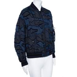 Pre Owned Dior Blue & Black Camouflage Patterned Synthetic Bomber Jacket S