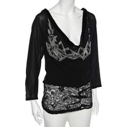 Pre Owned Dior Black Silk & Lace Trimmed Embellished Cowl Neck Top L
