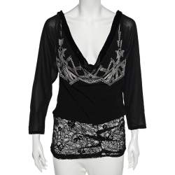 Pre Owned Dior Black Silk & Lace Trimmed Embellished Cowl Neck Top L