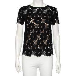 Pre Owned Dior Black Floral Lace Knit Short Sleeve Top M