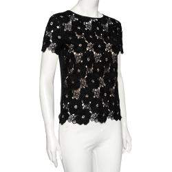 Pre Owned Dior Black Floral Lace Knit Short Sleeve Top M
