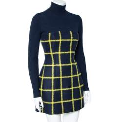 Dior Navy Blue Grid Checked Wool & Rib Knit Long Sleeve Dress S 