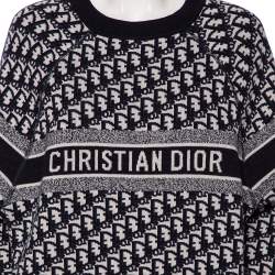 Pre Owned Dior Navy Blue Oblique Motif Jacquard Cashmere Reversible Sweater L