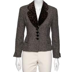 Dior Vintage Brown Tweed & Leopard Print Lapel Detail Jacket S