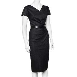 Christian Dior Charcoal Grey Wool Draped Detail Midi Dress S