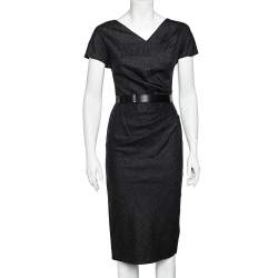 Christian Dior Charcoal Grey Wool Draped Detail Midi Dress S