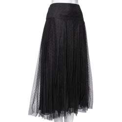 Dior Black Polka Dotted Tulle Pleated Midi Skirt L