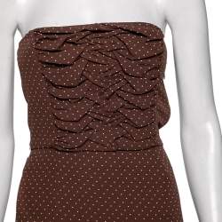 Pre Owned Dior Brown Polka Dot Print Silk Ruched Panel Detail Strapless Dress S