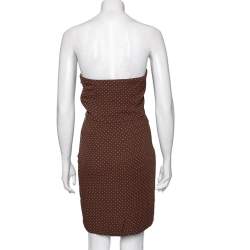 Pre Owned Dior Brown Polka Dot Print Silk Ruched Panel Detail Strapless Dress S