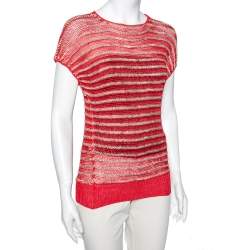 Dior Vintage Red & Gold Striped Lurex Knit Short Sleeve Top M