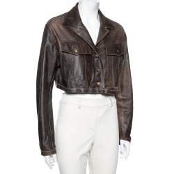 Dior Vintage Brown Leather Button Front Cropped Jacket L