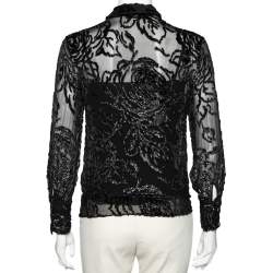 Pre Owned Christian Dior Vintage Black Devore Waist Tie Detail Button Front Shirt M