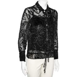 Pre Owned Christian Dior Vintage Black Devore Waist Tie Detail Button Front Shirt M