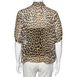 Dior Brown Leopard Printed Silk Puffed Short Sleeve Blouse L
