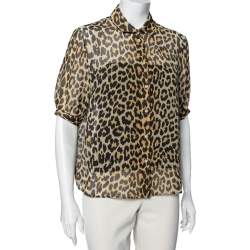 Dior Brown Leopard Printed Silk Puffed Short Sleeve Blouse L