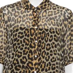 Dior Brown Leopard Printed Silk Puffed Short Sleeve Blouse L
