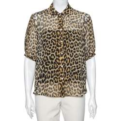 Dior Brown Leopard Printed Silk Puffed Short Sleeve Blouse L