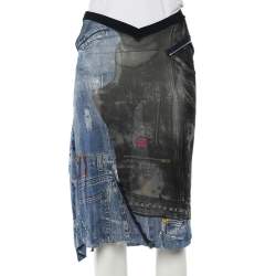 Christian Dior Boutique Navy Blue Denim Printed Silk Knit Asymmetric Skirt M