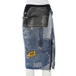 Christian Dior Boutique Navy Blue Denim Printed Silk Knit Asymmetric Skirt M