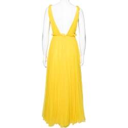 Christian Dior Yellow Silk Chiffon Plunge Neck Maxi Dress M
