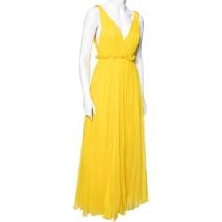 Christian Dior Yellow Silk Chiffon Plunge Neck Maxi Dress M