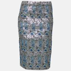 Pre Owned Dior Silver & Blue Patterned Brocade Knee Length Skirt M