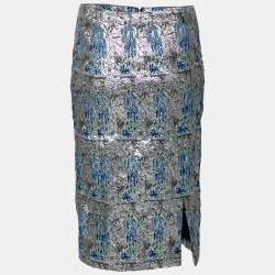 Pre Owned Dior Silver & Blue Patterned Brocade Knee Length Skirt M