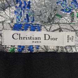Pre Owned Dior Silver & Blue Patterned Brocade Knee Length Skirt M
