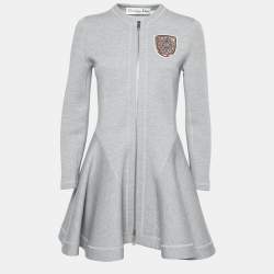 Pre Owned Dior Grey Wool Crest Embellished Zip Front Flared Dress M