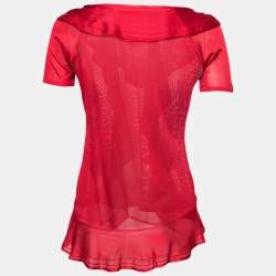 Dior Red Knit Ruffle Trimmed Short Sleeve Top M