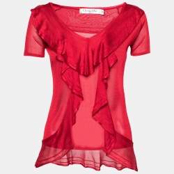 Dior Red Knit Ruffle Trimmed Short Sleeve Top M
