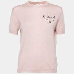 Dior Nude Pink Cashmere Knit Embroidered Detail Short Sleeve Top M