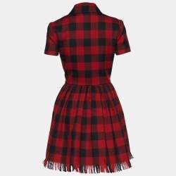 Dior Red & Black Checked Wool Frayed Hem Dress S
