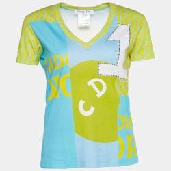 Pre Owned Christian Dior Boutique Blue & Yellow Patchwork Print V Neck T-Shirt M