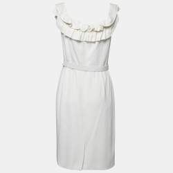 Pre Owned Dior White Crepe Ruffled Off Shoulder Midi Dress M 