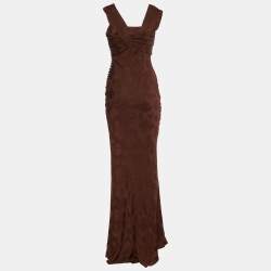 Dior Brown Floral Print Silk Button Detail Dress M