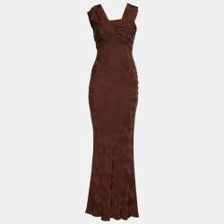 Dior Brown Floral Print Silk Button Detail Dress M