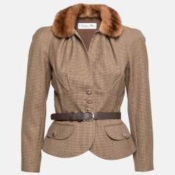 Dior Brown Houndstooth Wool Fur Trim Belted Jacket S