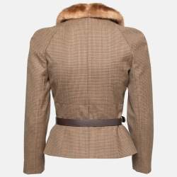Dior Brown Houndstooth Wool Fur Trim Belted Jacket S