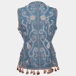 Pre Owned Dior Blue Hand Embroidered Denim Tassel Trimmed Vest M