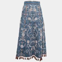 Pre Owned Dior Blue Hand Embroidered Denim Tassel Trimmed Skirt S