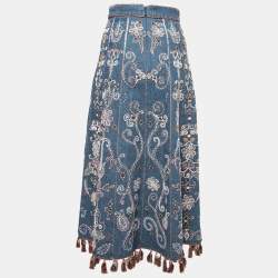 Pre Owned Dior Blue Hand Embroidered Denim Tassel Trimmed Skirt S