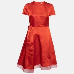 Dior Red Silk Side Pleated Mesh Hem Midi Dress M