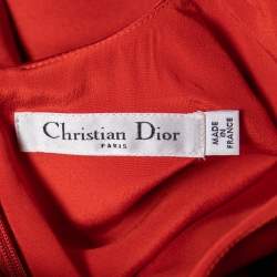 Dior Red Silk Side Pleated Mesh Hem Midi Dress M