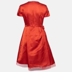 Dior Red Silk Side Pleated Mesh Hem Midi Dress M