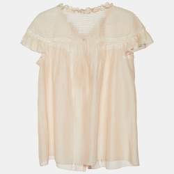Pre Owned Dior Pale Pink Silk & Lace Ruffled Detail Blouse M