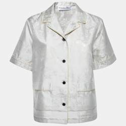 Christian Dior Light Grey & Gold Floral Jacquard Silk Pajama Shirt M
