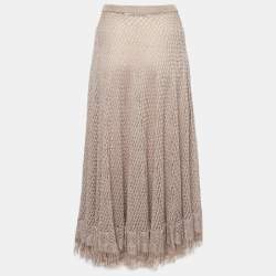 Dior Beige Patterned Open Knit Linen Fringed Skirt S