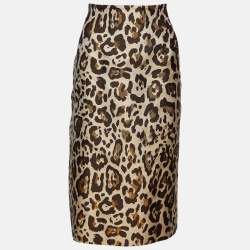 Pre Owned Dior Beige Leopard Pattern Jacquard Cotton & Silk Pencil Skirt L