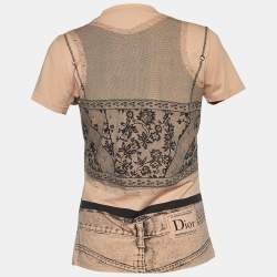 Pre Owned Dior Boutique Peach Trompe l'oeil Print Cotton Crew Neck T-Shirt L 